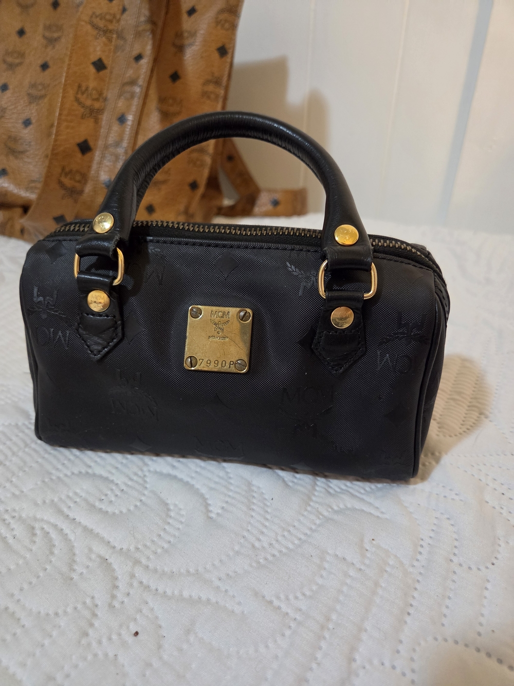MCM Black Nylon Mini Bowler Bag with Gold Hardware